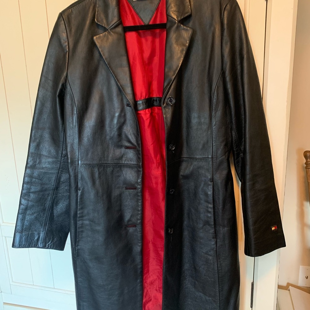 Vintage Tommy Hilfiger Black Leather Fitted Long Coat 90s Med.